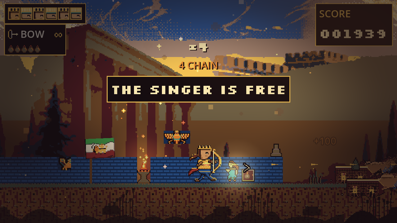THE SINGER IS FREE: a freed singer celebrates beside Gordafarid, under a raised Lion-and-Sun flag and a Faravahar, in the game's restored gold
